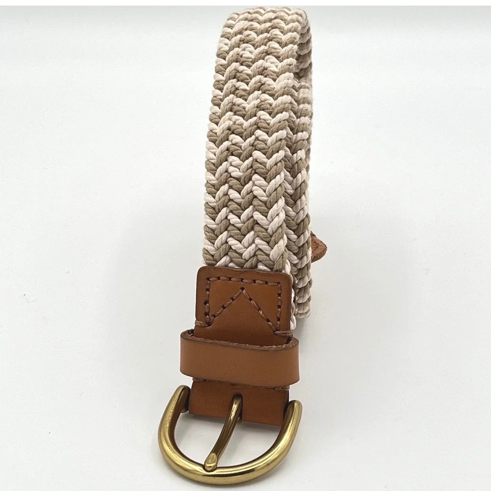 Fossil Braided Elastic Belt Unisex Size L Tan Cream Chevron‎ Brass Buckle Casual
